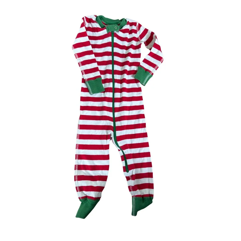 Hanna Andersson red and green striped Christmas infant pajama one piece zip up